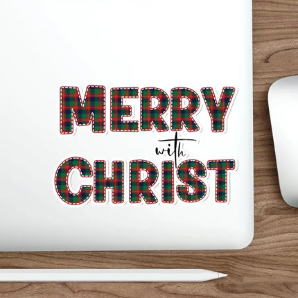 Uniquely You Die-Cut Sticker, Merry With Christ, Red And Green Plaid Christmas Holiday Pattern Print