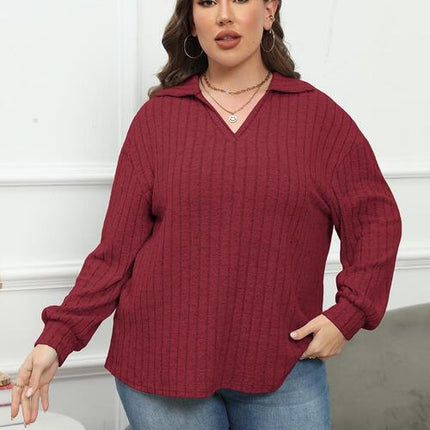 Plus Size Ribbed Collared Neck Long Sleeve Blouse