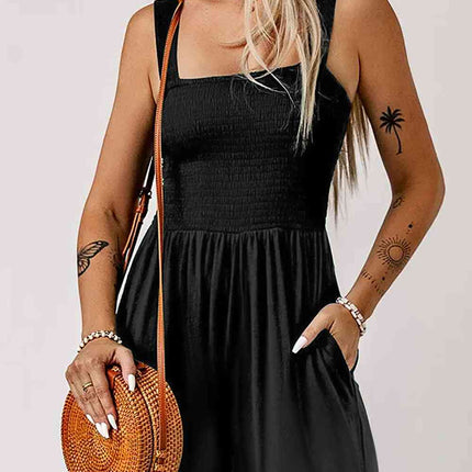 Square Neck Smocked Romper with Pocket