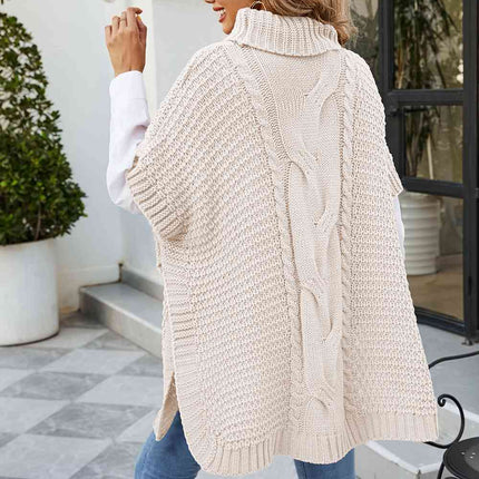 Cable-Knit Turtleneck Slit Sweater
