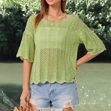 Openwork Round Neck Half Sleeve Knit Top