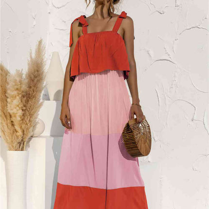 Color Block Tie Shoulder Tiered Sleeveless Dress