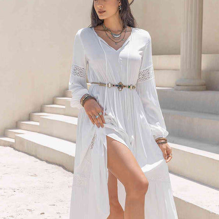 Tie Neck Long Sleeve Midi Tiered Dress