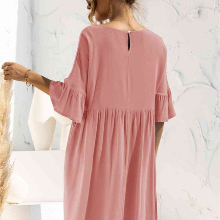 Boat Neck Flounce Sleeve Knee-Length Dress