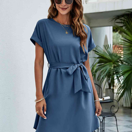 Belted Round Neck Curved Hem Dress