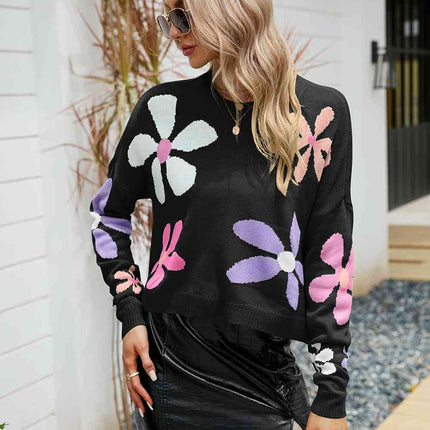 Flower Round Neck Drop Shoulder Sweater