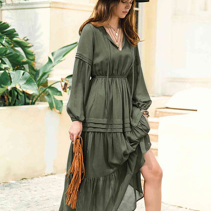 Tie Neck Long Sleeve Midi Tiered Dress