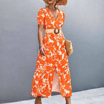 V-Neck Short Sleeve High Slit Midi Dress