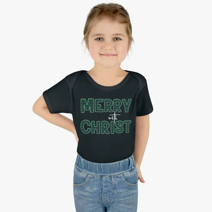 Short Sleeve Baby Onesie for Infants and Toddlers, Merry With Christ, Green Plaid Christmas Holiday Pattern Print
