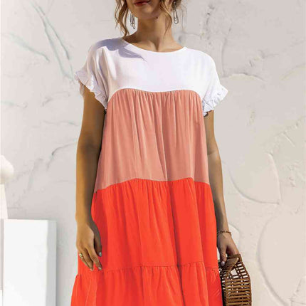 Color Block Round Neck Ruffle Hem Dress