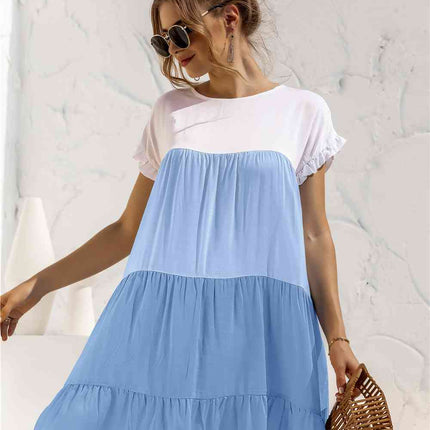 Color Block Round Neck Ruffle Hem Dress
