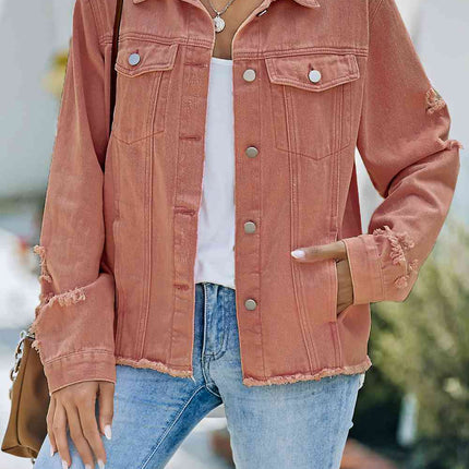 Distressed Raw Hem Denim Jacket - Vickie Lynn's