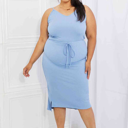 Capella Flatter Me Full Size Ribbed Front Tie Midi Dress in Pastel Blue