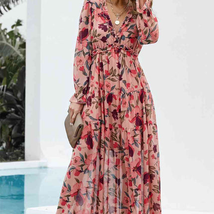 Floral Frill Trim Flounce Sleeve Plunge Maxi Dress - Vickie Lynn's
