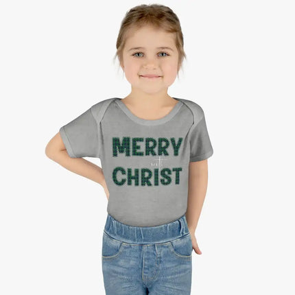 Short Sleeve Baby Onesie for Infants and Toddlers, Merry With Christ, Green Plaid Christmas Holiday Pattern Print