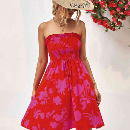 Floral Frill Trim Strapless Smocked Dress