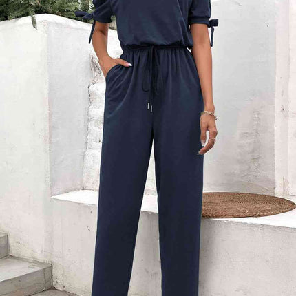 Off-Shoulder Tie Cuff Jumpsuit with Pockets