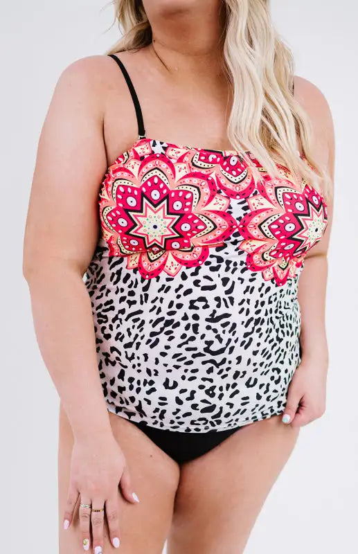 Tankini bandeau con estampado tribal de leopardo y talla grande 