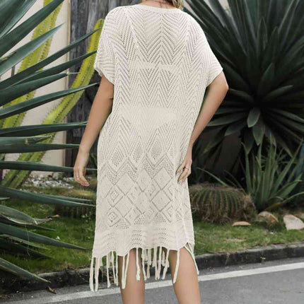 V-Neck Short Sleeve Fringe Hem Knit Dress