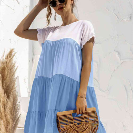 Color Block Round Neck Ruffle Hem Dress