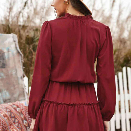 Tied Frill Trim Puff Sleeve Mini Dress