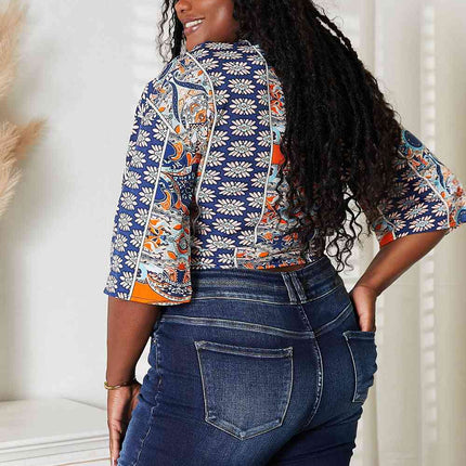 Double Take Tie Hem V-Neck Three-Quarter Sleeve Blouse - Vickie Lynn's