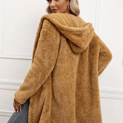 Gabardina con capucha y cárdigan de longitud media de lana de cordero para mujer 