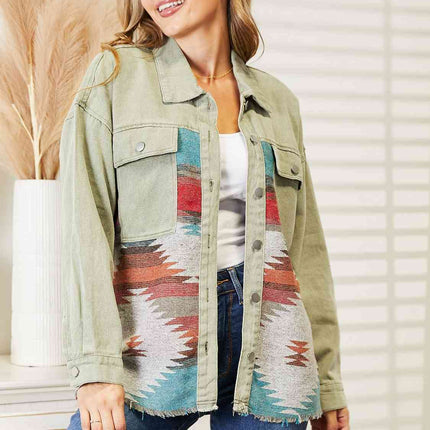 Dropped Shoulder Long Sleeve Printed Denim Jacket