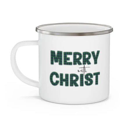 White Enamel Mug for School/Work/Travel - 12oz, Merry With Christ, Green Plaid Christmas Holiday Pattern Print