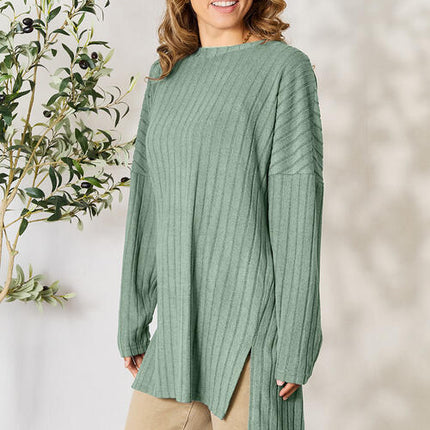 Basic Bae Full Size Ribbed Round Neck Long Sleeve Slit Top - Vickie Lynn's