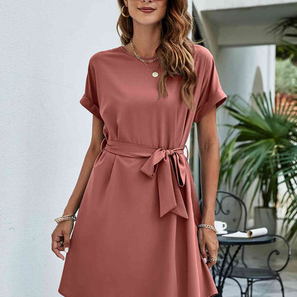 Belted Round Neck Curved Hem Dress