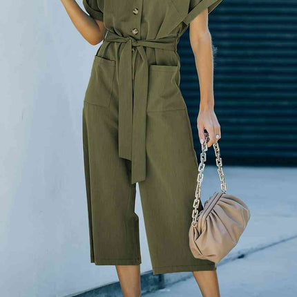 Tie-Waist Buttoned Cropped Jumpsuit