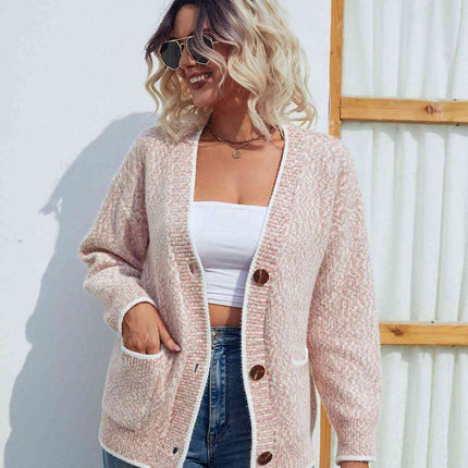 Button Down V-Neck Cardigan with Pockets