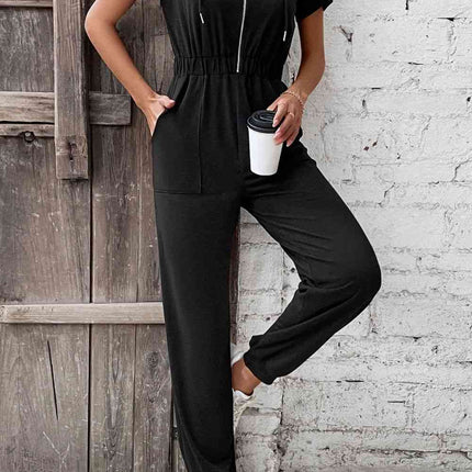 Zip-Up Short Sleeve Hooded Jumpsuit with Pockets