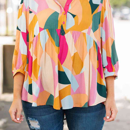 Plus Size Printed Collared Neck Half Button Top