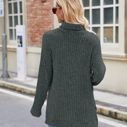 Ribbed Turtleneck Long Sleeve Slit Knit Top