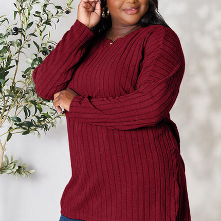 Basic Bae Full Size Ribbed Round Neck Long Sleeve Slit Top - Vickie Lynn's