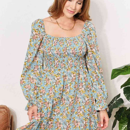 Double Take Floral Smocked Flounce Sleeve Square Neck Dress