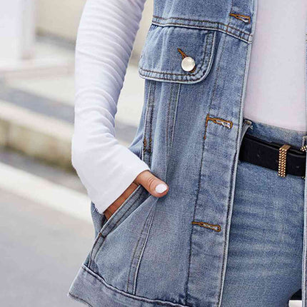 Button Up Collared Neck Denim Jacket with Pockets