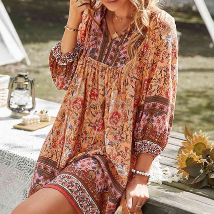 Bohemian Tie Neck Balloon Sleeve Dress