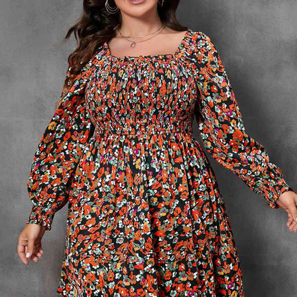 Plus Size Floral Square Neck Smocked Mini Dress