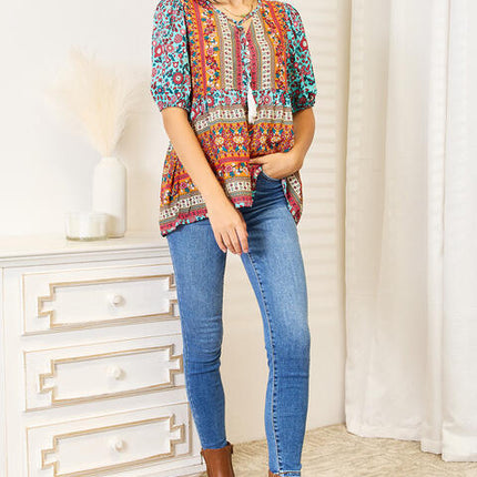 Double Take Bohemian Tassel Tie Puff Sleeve Babydoll Blouse - Vickie Lynn's