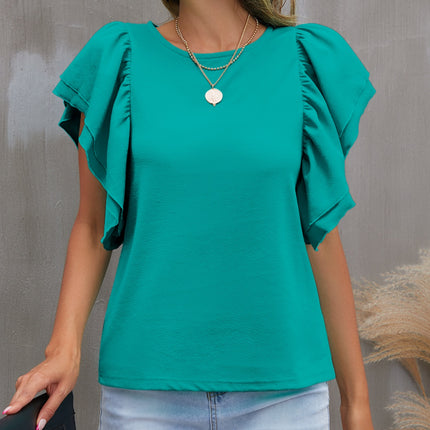 Round Neck Flounce Sleeve Blouse
