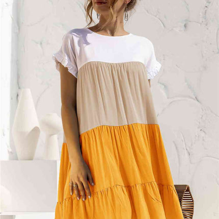 Color Block Round Neck Ruffle Hem Dress