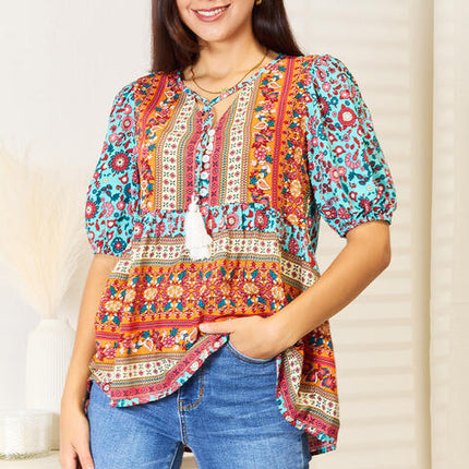 Double Take Bohemian Tassel Tie Puff Sleeve Babydoll Blouse - Vickie Lynn's