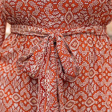 Plus Size Printed V-Neck Tie Front Balloon Sleeve Jumpsuit