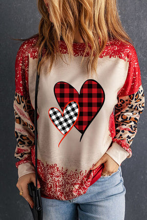 Heart Leopard Round Neck Sweatshirt - Vickie Lynn's