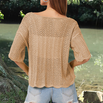 Openwork Round Neck Half Sleeve Knit Top