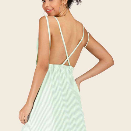 Striped Crisscross Deep V Sleeveless Dress
