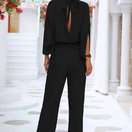 Tie Back Mock Neck Split Sleeve Jumpsuit